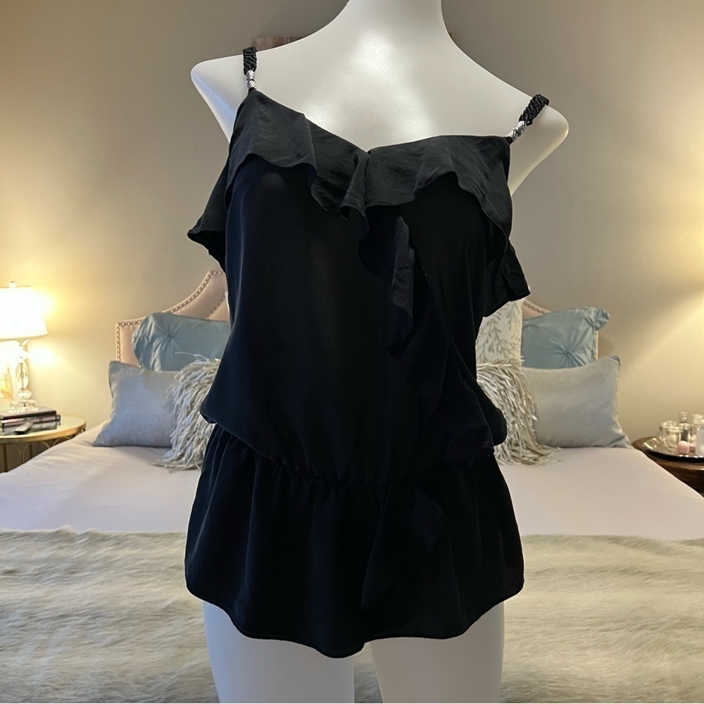 WHITE HOUSE BLACK MARKET 100% Silk Y2K Spaghetti Strap Ruffle Elastic Waist Bust